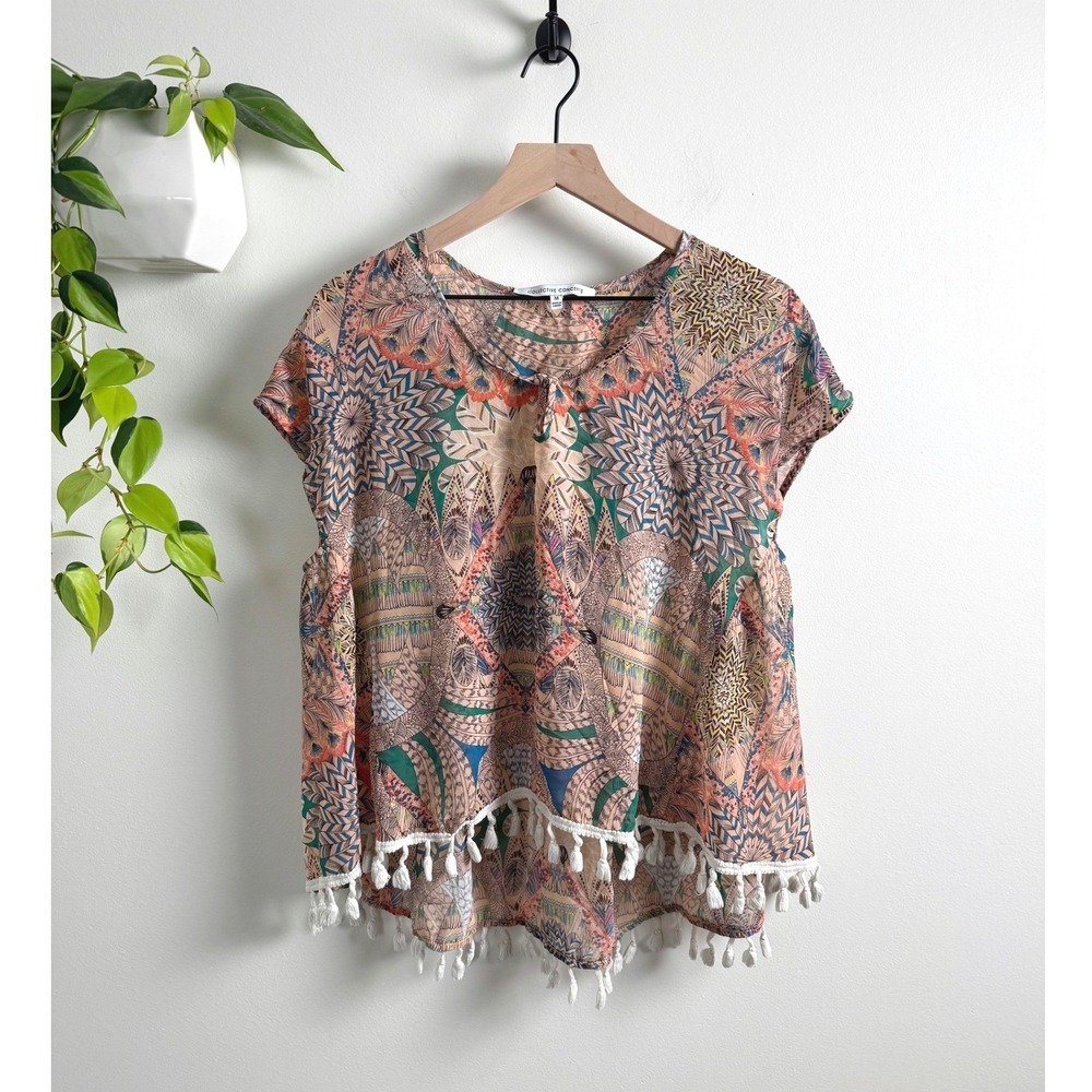 Collective Concepts Boho Peacock Print Tassel Blouse Peach Blue M Festival